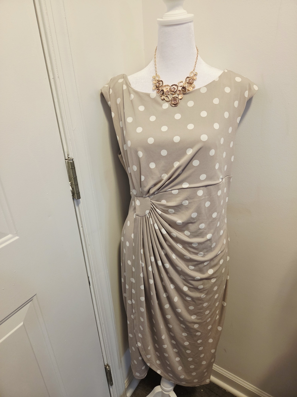 connected apparel Taupe Polka Dot Ruched Side Dress